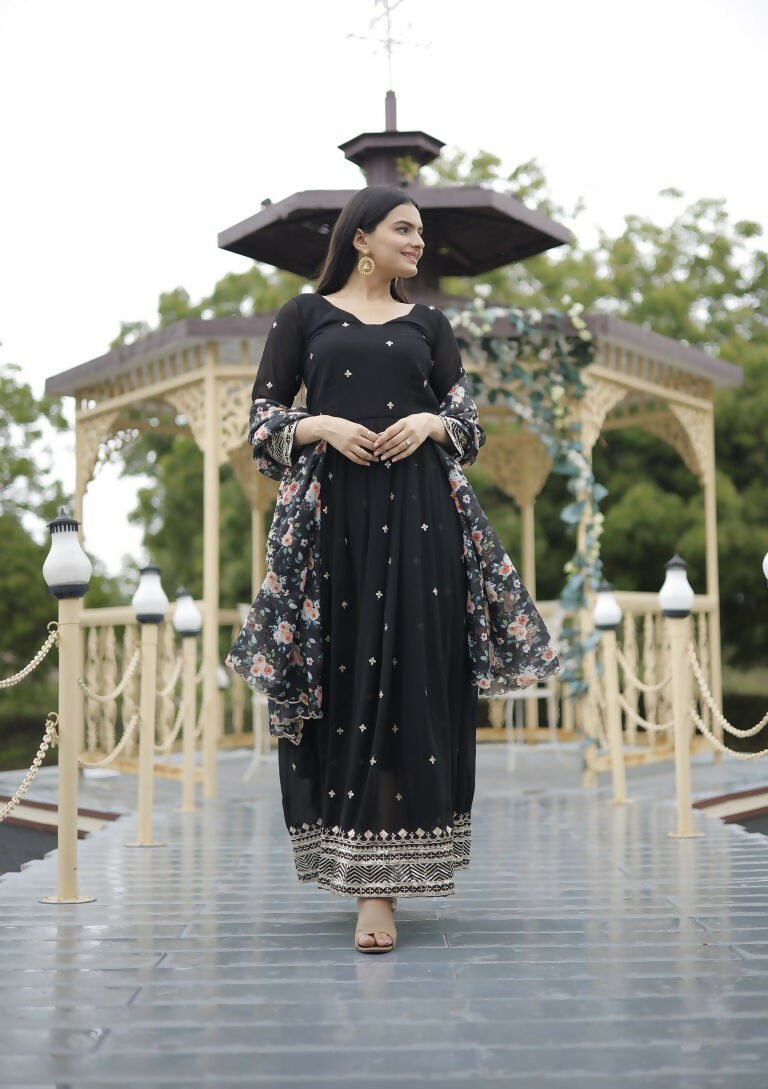 Jyoti Fashion Women's Black Faux Blooming Sequins with Zari Embroidery Anarkali Dress with Dupatta | Swadesiicart