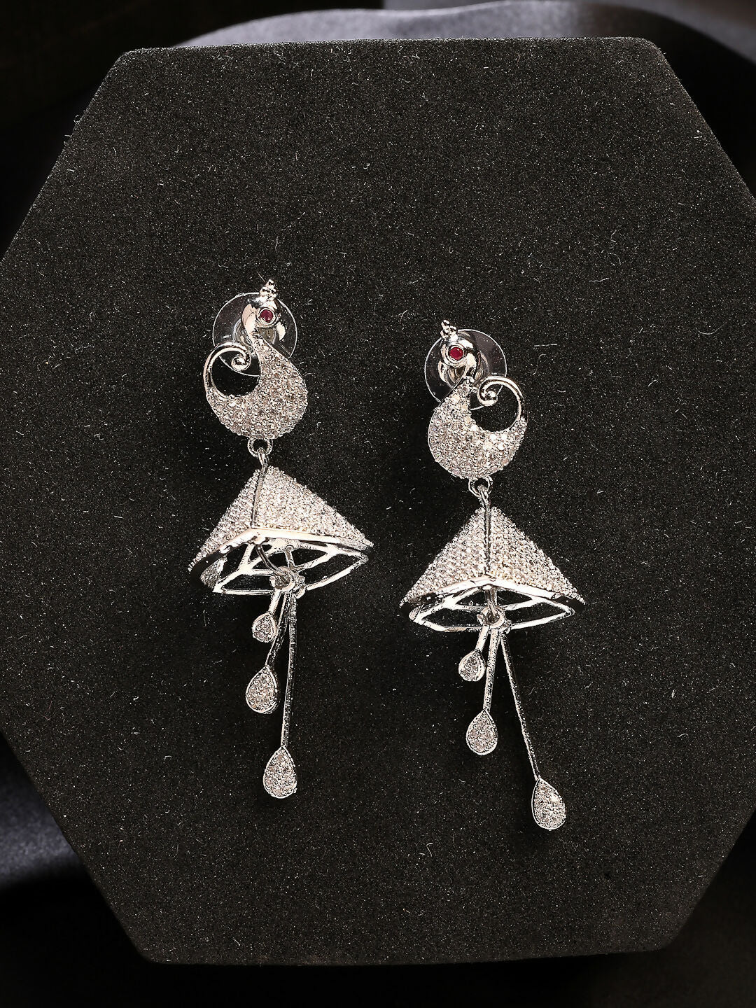 NVR Wome's Silver-Plated AD- Studded Peacock-Shaped Drop Earrings | Swadesiicart