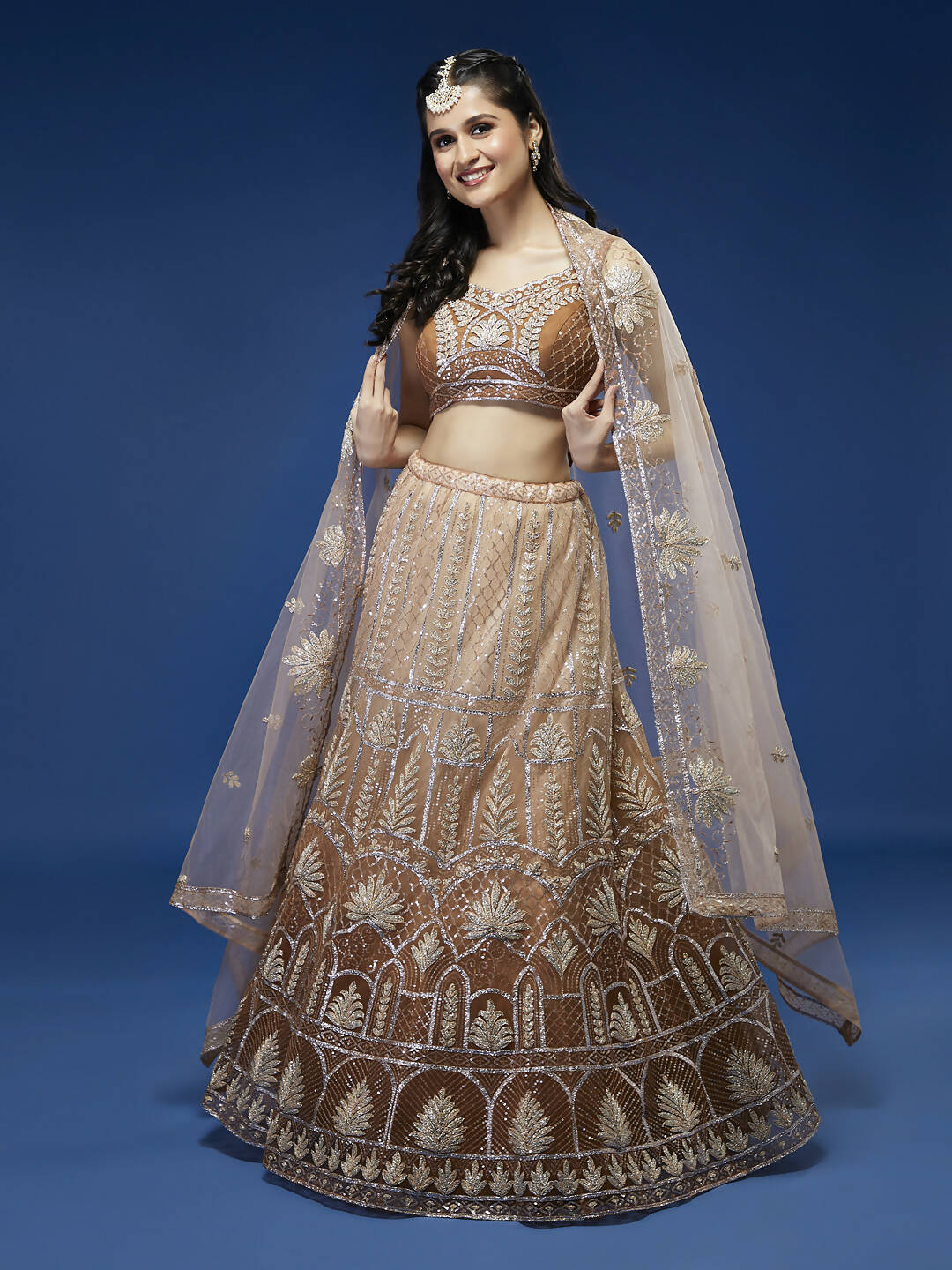 House of Panchhi Rust Net Gotapatti Work Lehenga & Blouse with Dupatta | Swadesiicart