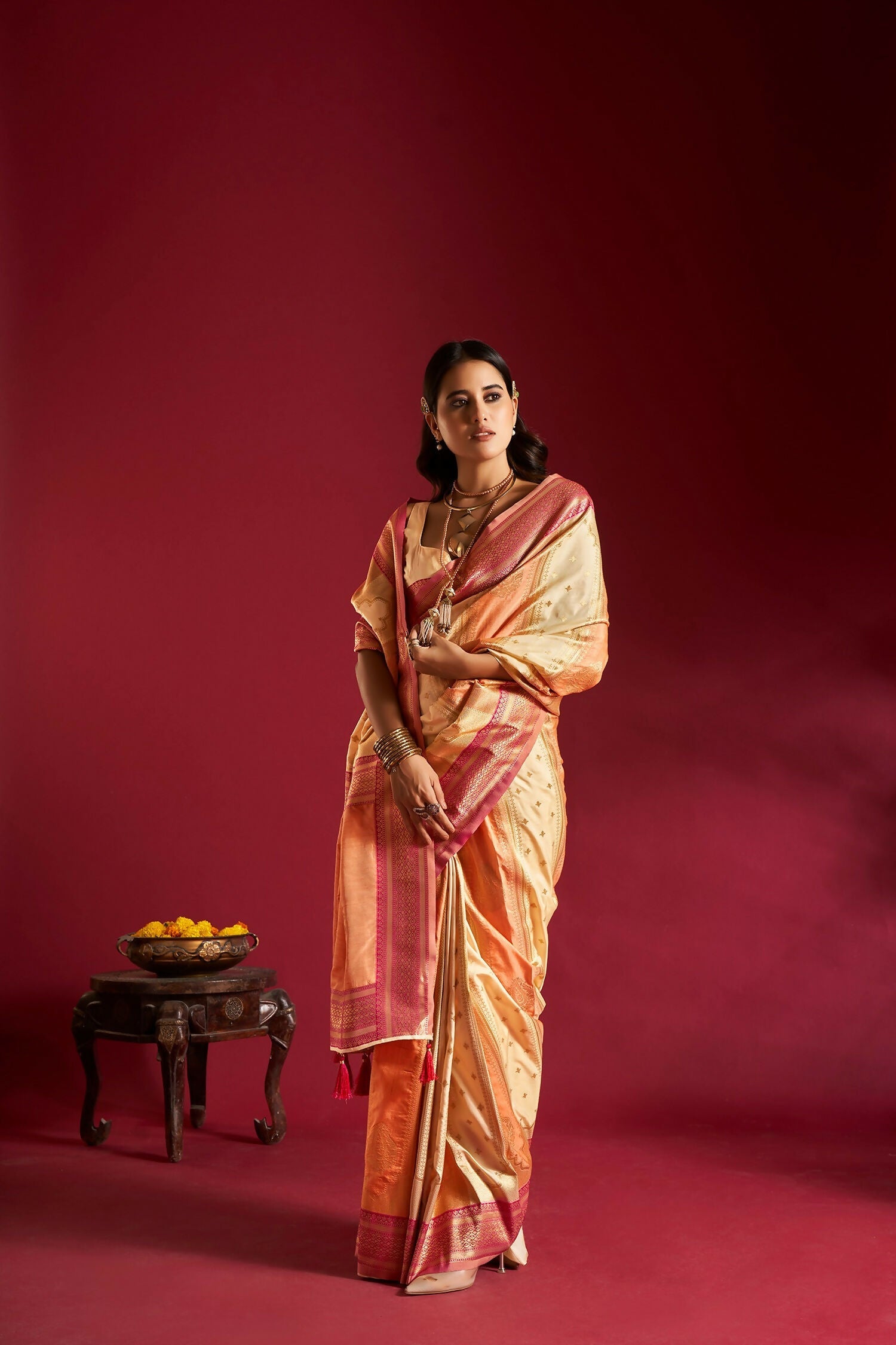 Joban Fashion Cream & Orange Plain With Weaving Border Banarasi Silk Sarees | Swadesiicart