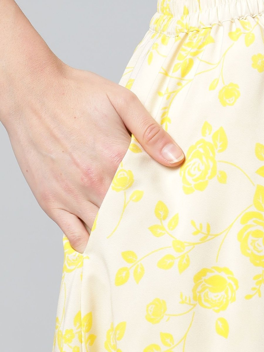 Ahalyaa Women Crepe Cream Solid Top with Printed Skirt with Ruffle Details | Swadesiicart