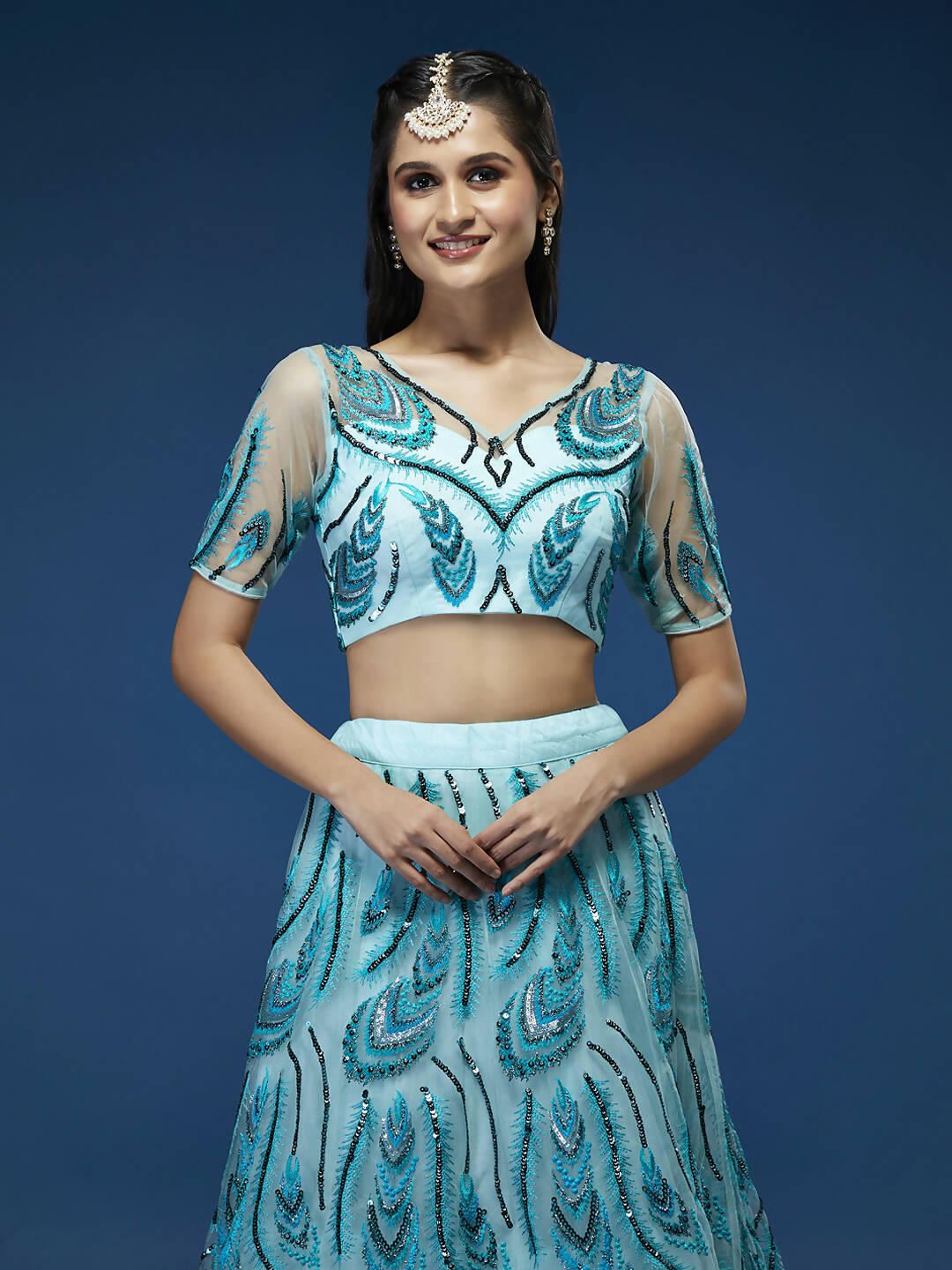 House of Panchhi Seagreen Net Sequins Embroidered Lehenga & Blouse with Dupatta | Swadesiicart