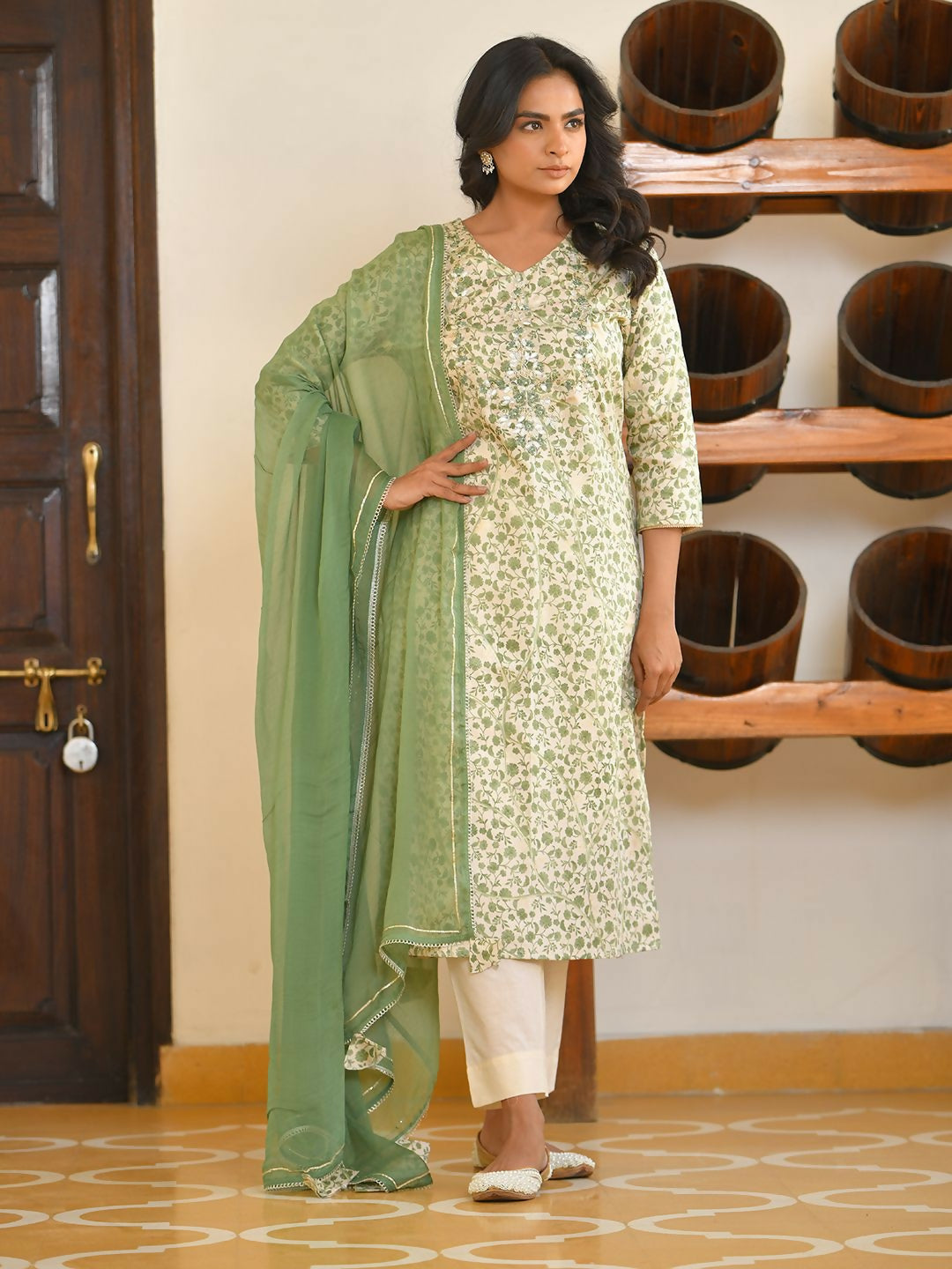 Vaasva Women's Embrald Cream Cotton Foil Printedembroidered Suit Set | Swadesiicart