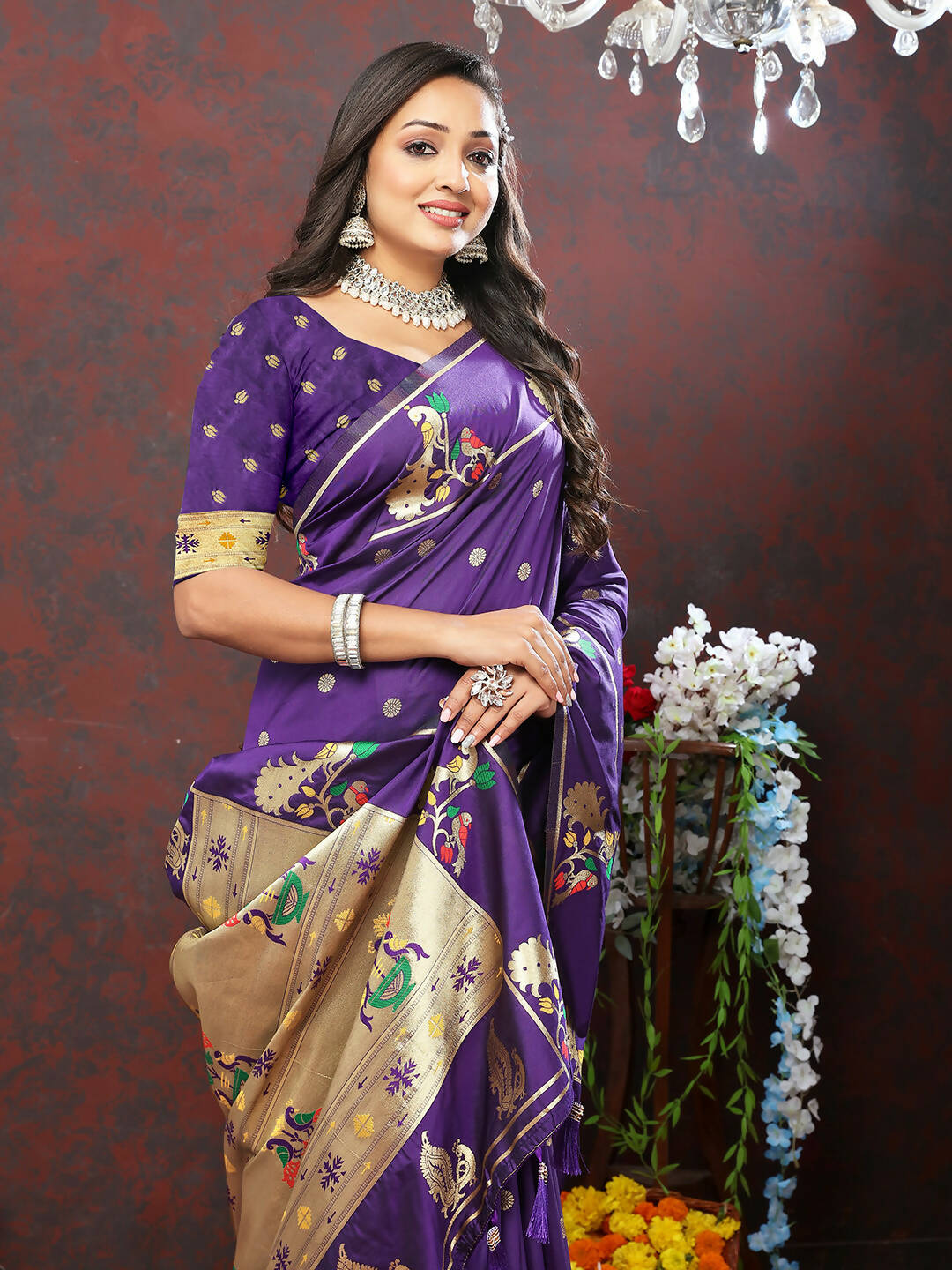 Lorenvalley Fashion Purple Soft Paithani Silk Woven Design Gold Zari Meenakari Weaving Saree - Swadesiicart