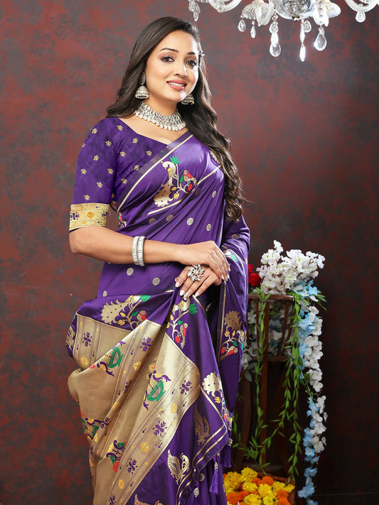 Lorenvalley Fashion Purple Soft Paithani Silk Woven Design Gold Zari Meenakari Weaving Saree - Swadesiicart
