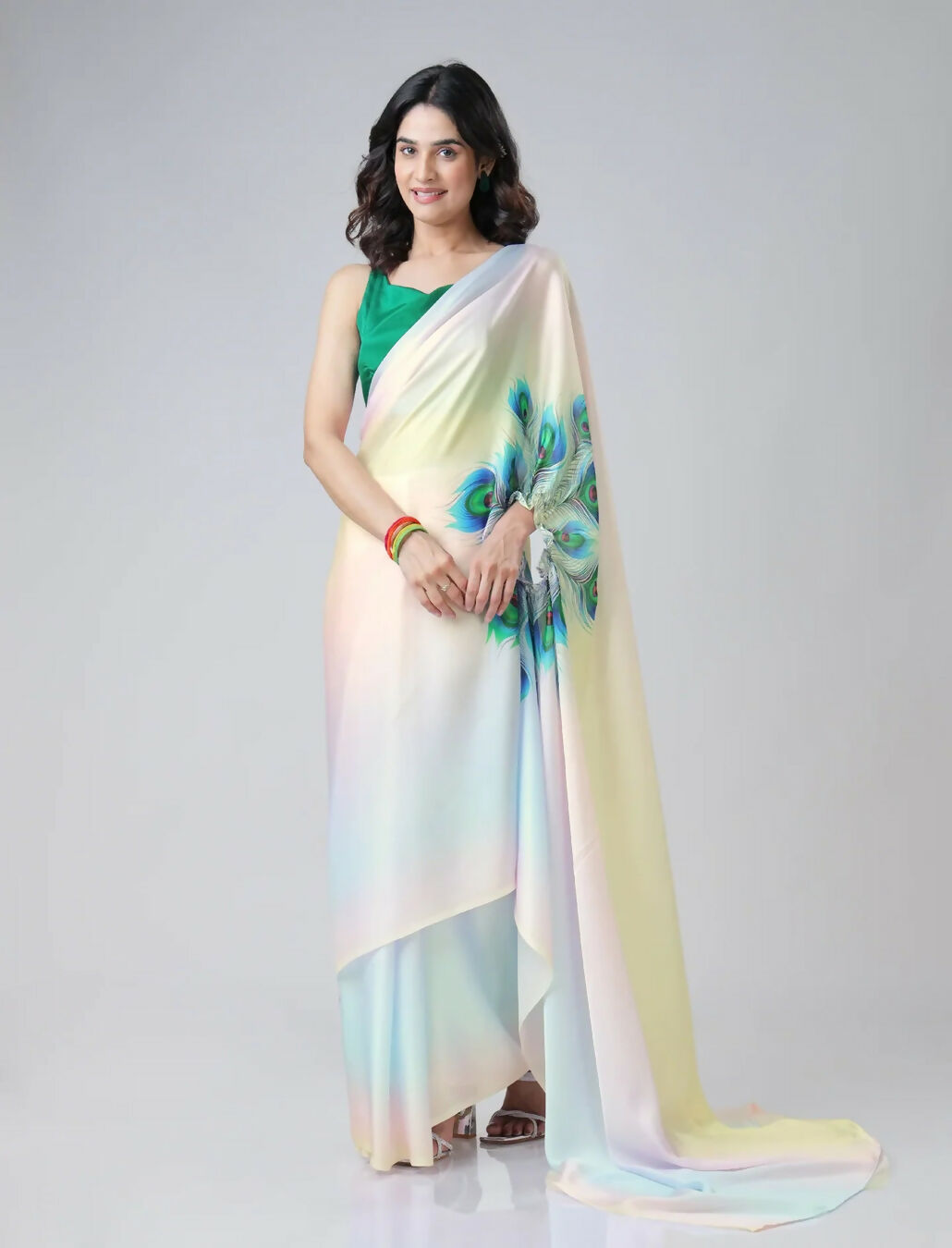 Vastranavya Pastel Rainbow Freehand Peacock Feather Print Ready to Wear Saree | Swadesiicart