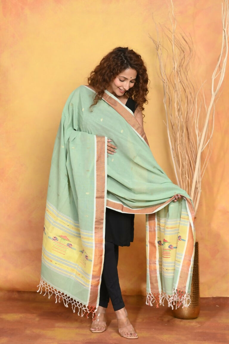 Very Much Indian Handloom Pure Cotton Paithani Dupatta - Sea Green | Swadesiicart