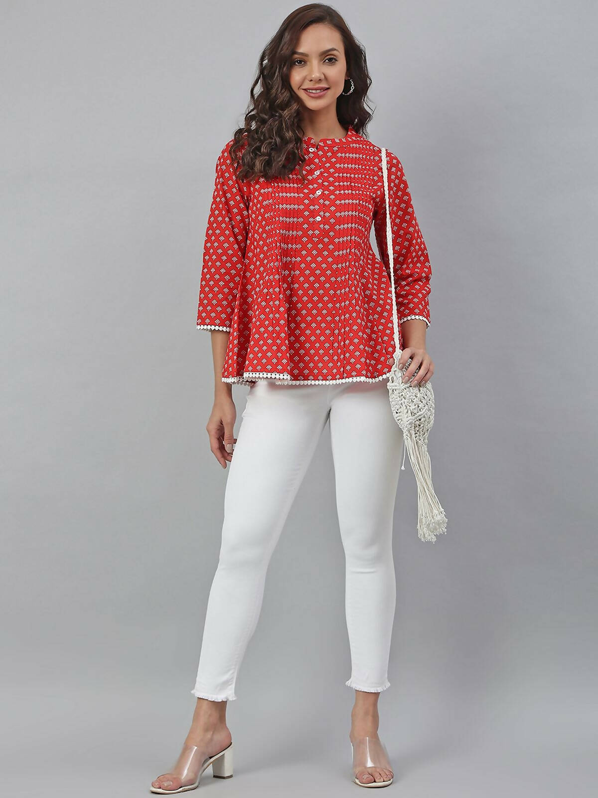 Janasya Women's Red Cotton Floral Print Flared Top | Swadesiicart