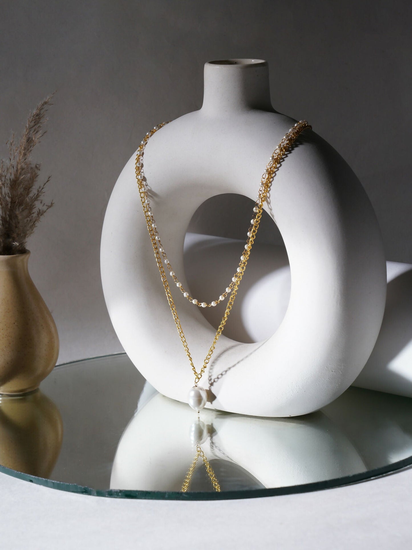 Layered Pearl and Gold Neckpiece with Emeralds (Gold) - Ruby Raang | Swadesiicart
