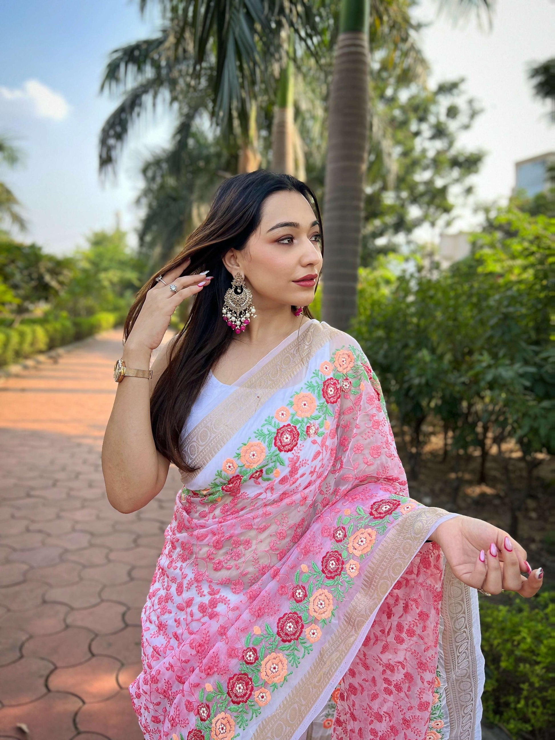 Vamsee Radhika Jaal Pink Organza Silk Saree - Swadesiicart