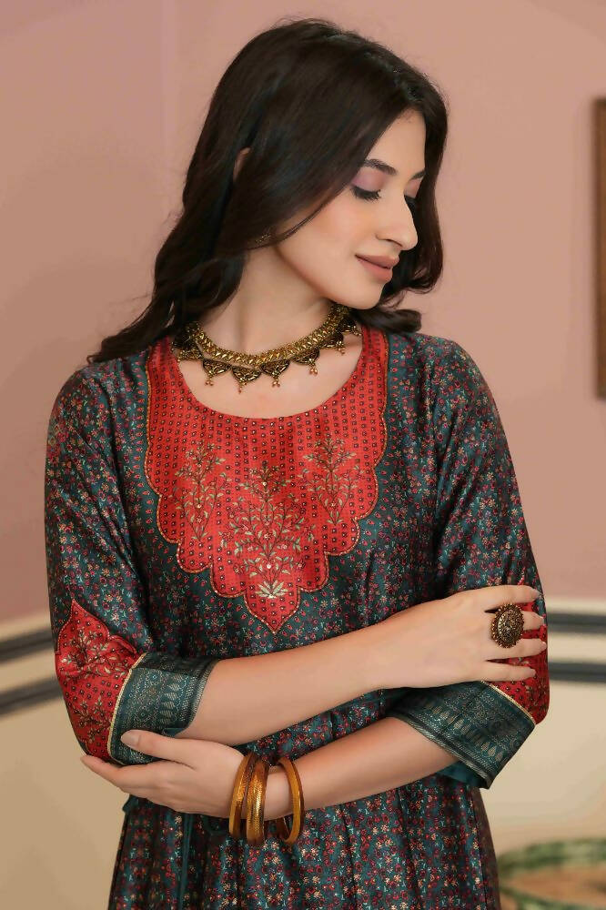 Juniper Green Satin Festive Printed Anarkali Flared Anarkali Kurta For Women | Swadesiicart