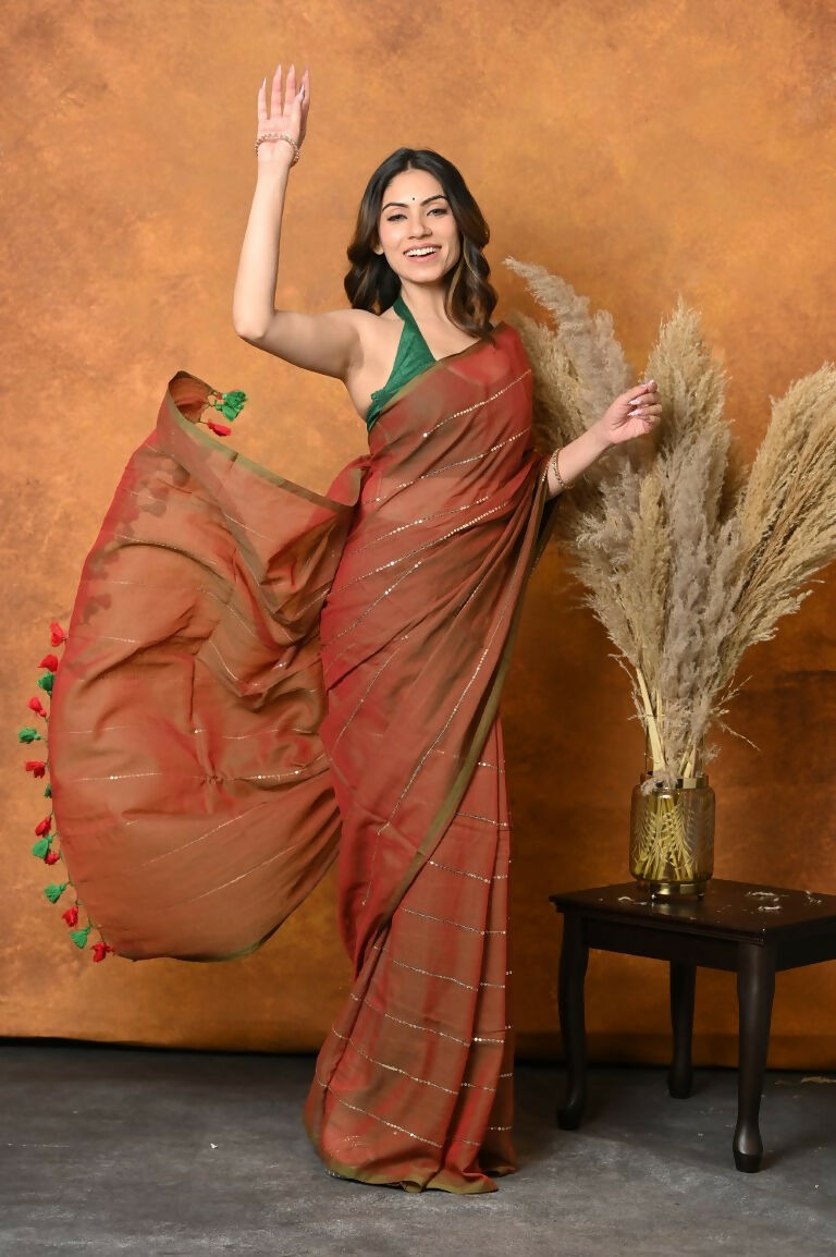 Very Much Indian Designer Mul Cotton Handloom Saree with Sequins - Dual Tone Red Green | Swadesiicart