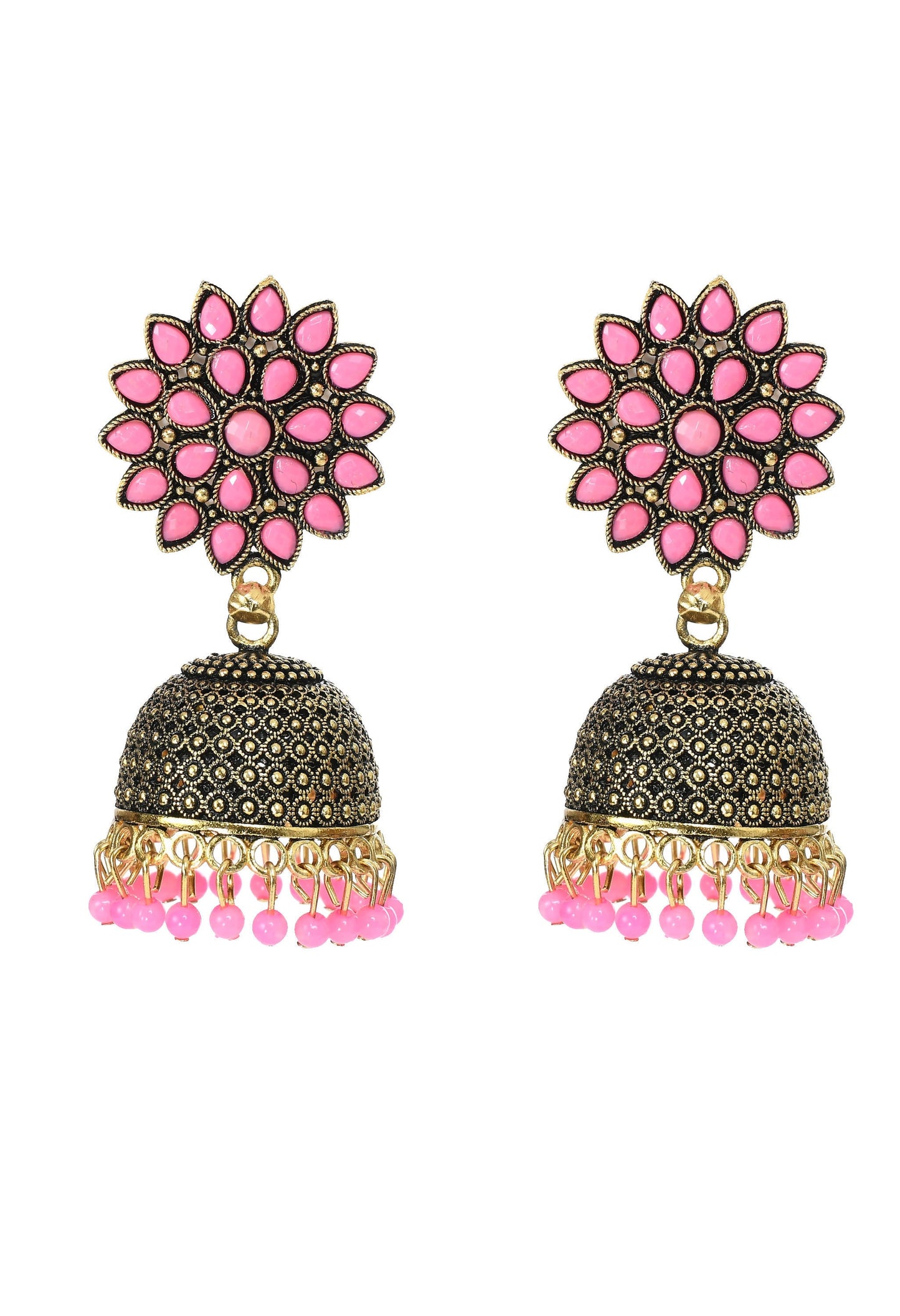 Mominos Fashion Johar Kamal Beautiful Kundan Work Jhumka With Baby Pink Beads - Mominos Fashion