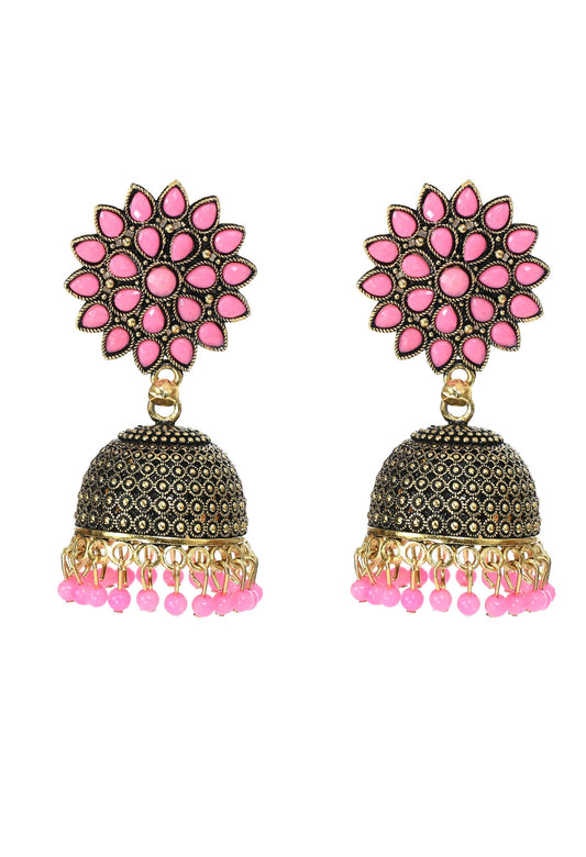 Mominos Fashion Johar Kamal Beautiful Kundan Work Jhumka With Baby Pink Beads - Mominos Fashion