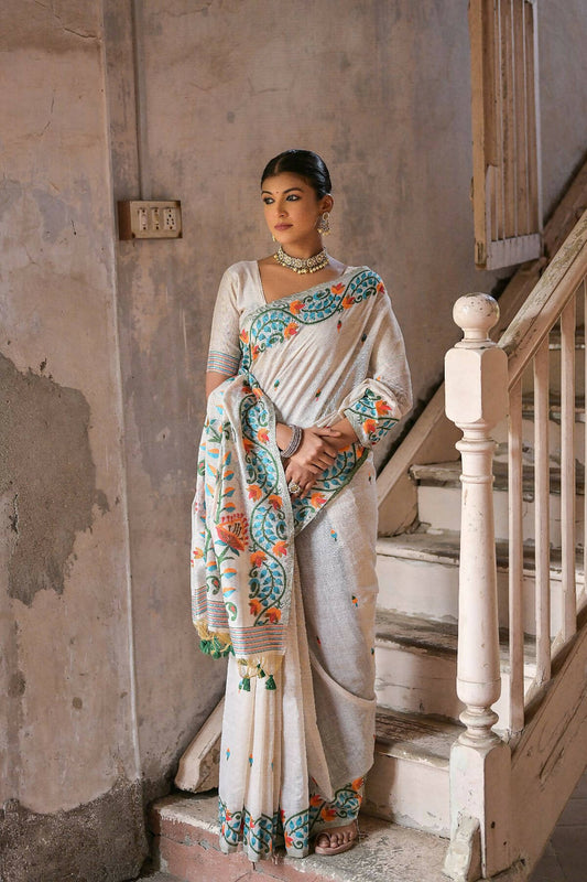 Vishnu Weaves Women's Green Muga Cotton Woven Saree with Blouse - Swadesiicart