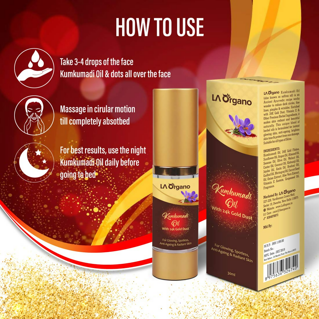 LA Organo Kumkumadi Oil Enriched with 24K Gold Dust | Swadesiicart