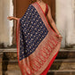 Joban Fashion Navy Blue Crepe Chiffon Pure Handloom Banarasi Silk Saree | Swadesiicart