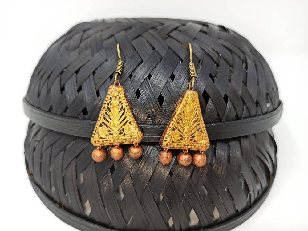 Terracotta Boho Ear Hangings-Copper Gold | Swadesiicart