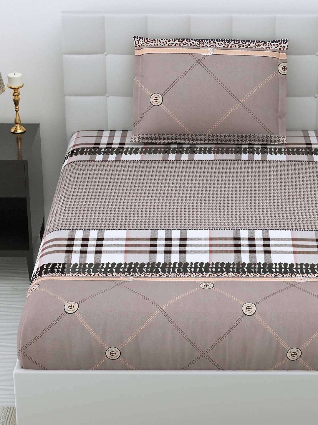 DREAM WEAVERZ Beige Checked 220 TC Glazed Cotton Bedsheet with Pillow Covers - Swadesiicart