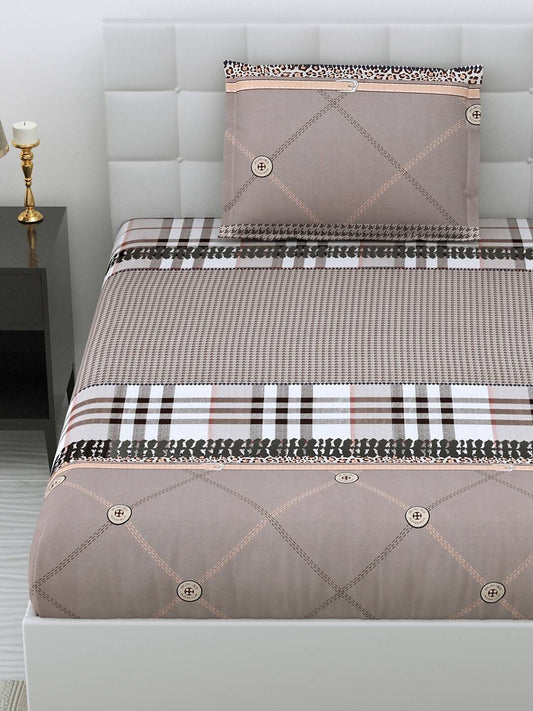DREAM WEAVERZ Beige Checked 220 TC Glazed Cotton Bedsheet with Pillow Covers - Swadesiicart