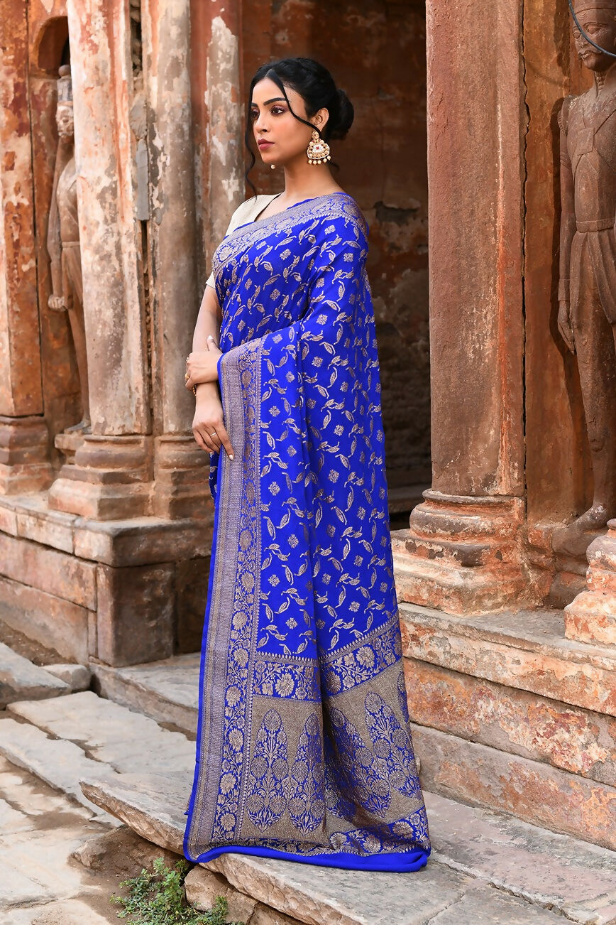 Joban Fashion Violet Crepe Chiffon Pure Handloom Banarasi Silk Saree | Swadesiicart