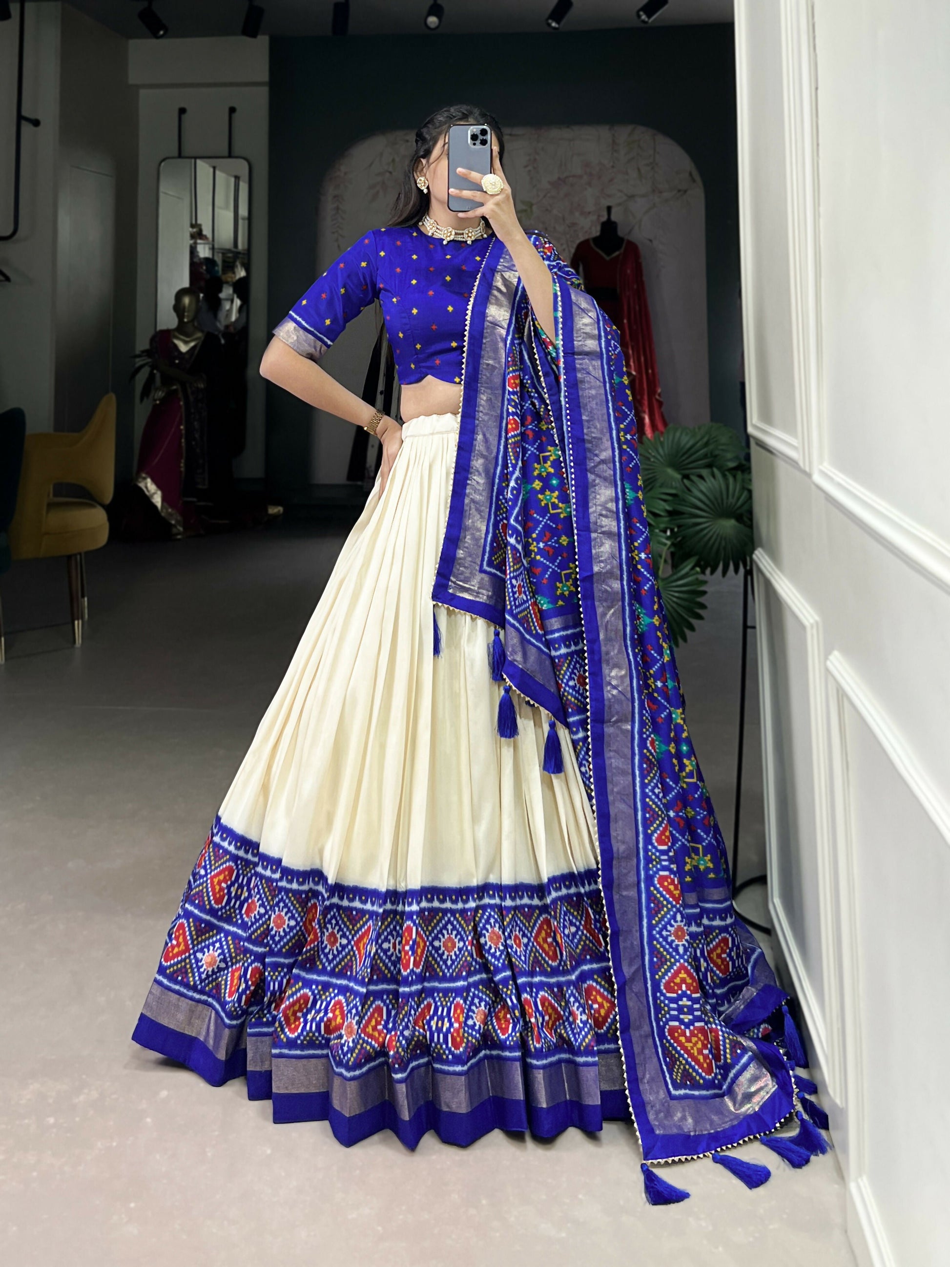 Lorenvalley Offwhite and Royalblue Tussar Silk Patola Print Lehenga Choli | Swadesiicart