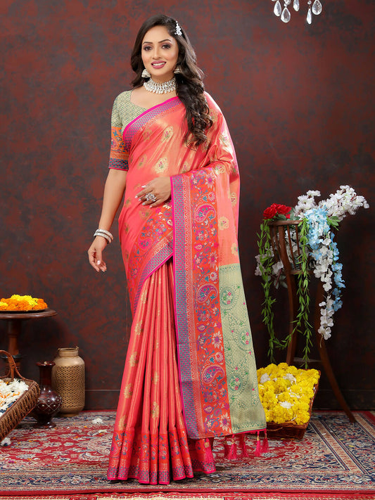 Lorenvalley Fashion Peach Kanjivaram Silk Woven Design with Zari Weaving Saree - Swadesiicart