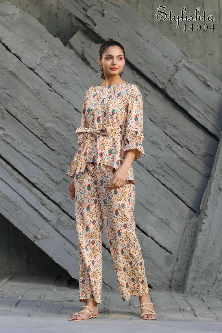Women's Partywear Designer Cream & Multi Muslin co-ord set - Stylishta - Swadesiicart
