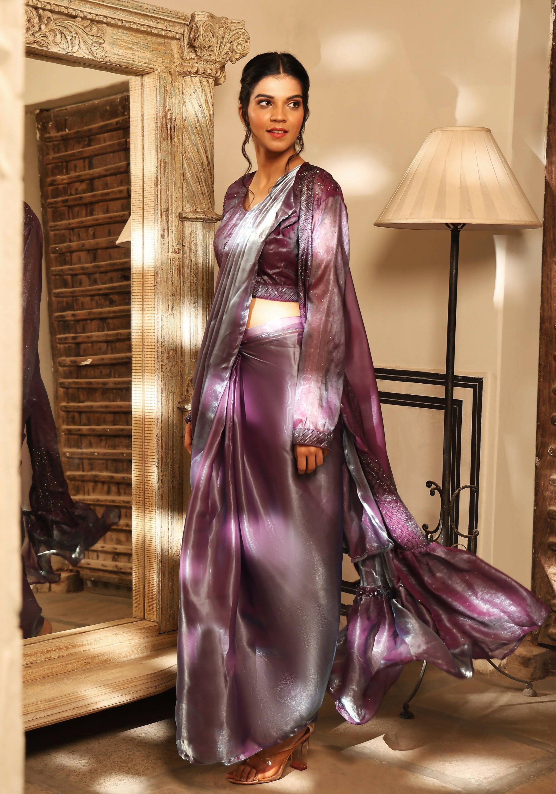 Lavender Tom Silk Plain Ready To Wear Saree With Stitched Blouse - Satiksha | Swadesiicart