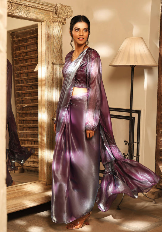 Lavender Tom Silk Plain Ready To Wear Saree With Stitched Blouse - Satiksha | Swadesiicart