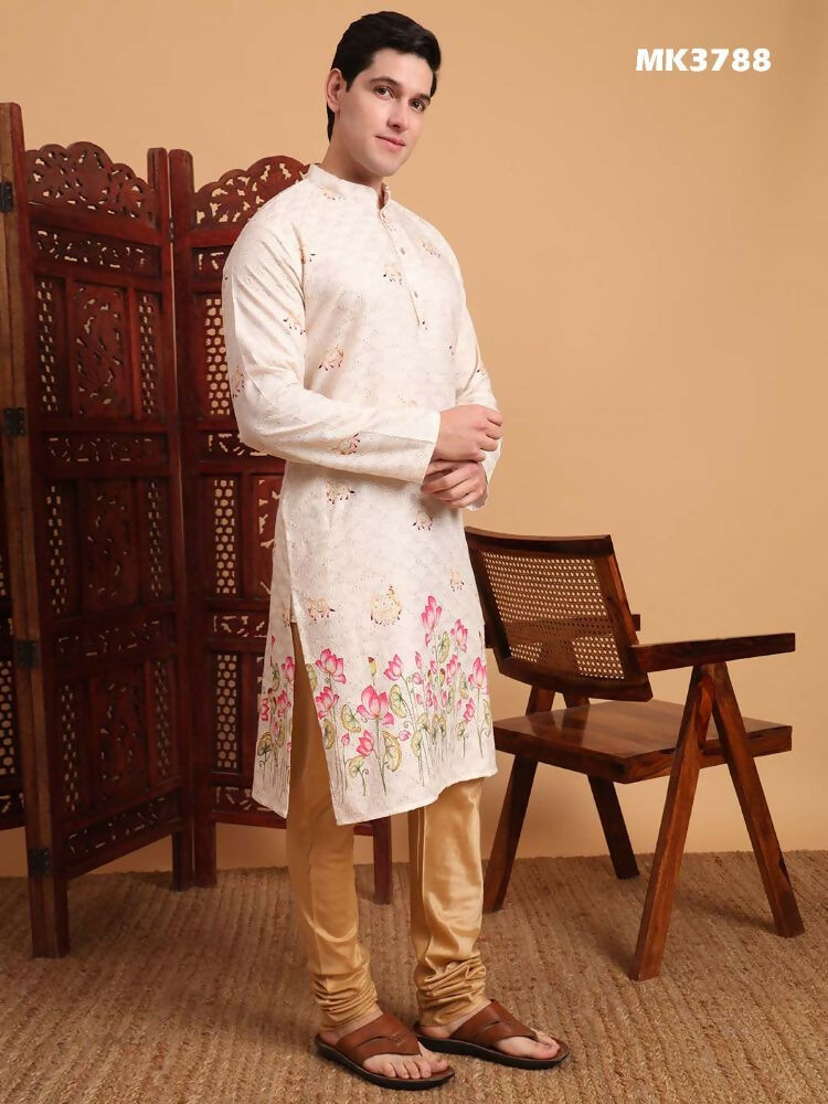 Cream Cotton Printed Chikankari Embroidery Work Kurta - Mahotsav | Swadesiicart