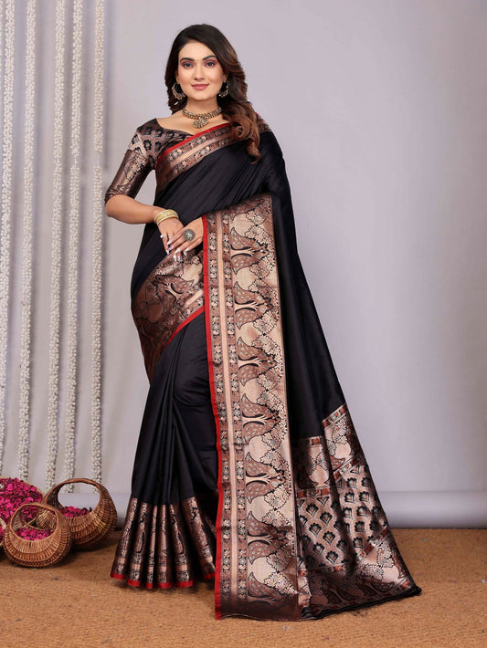 Joban Fashion Black Woven Banarasi Silk Sarees | Swadesiicart
