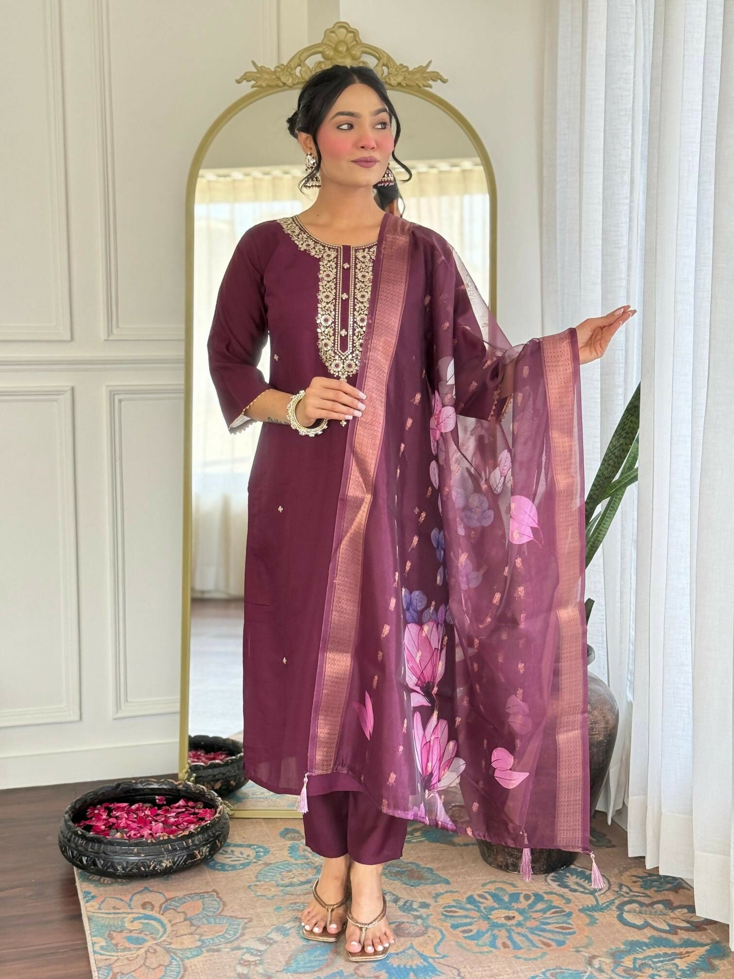 The52 Wine Women's Gorgeous Rayon Fabric Embroidered Work Straight Kurta Pant and Dupatta Set - Swadesiicart