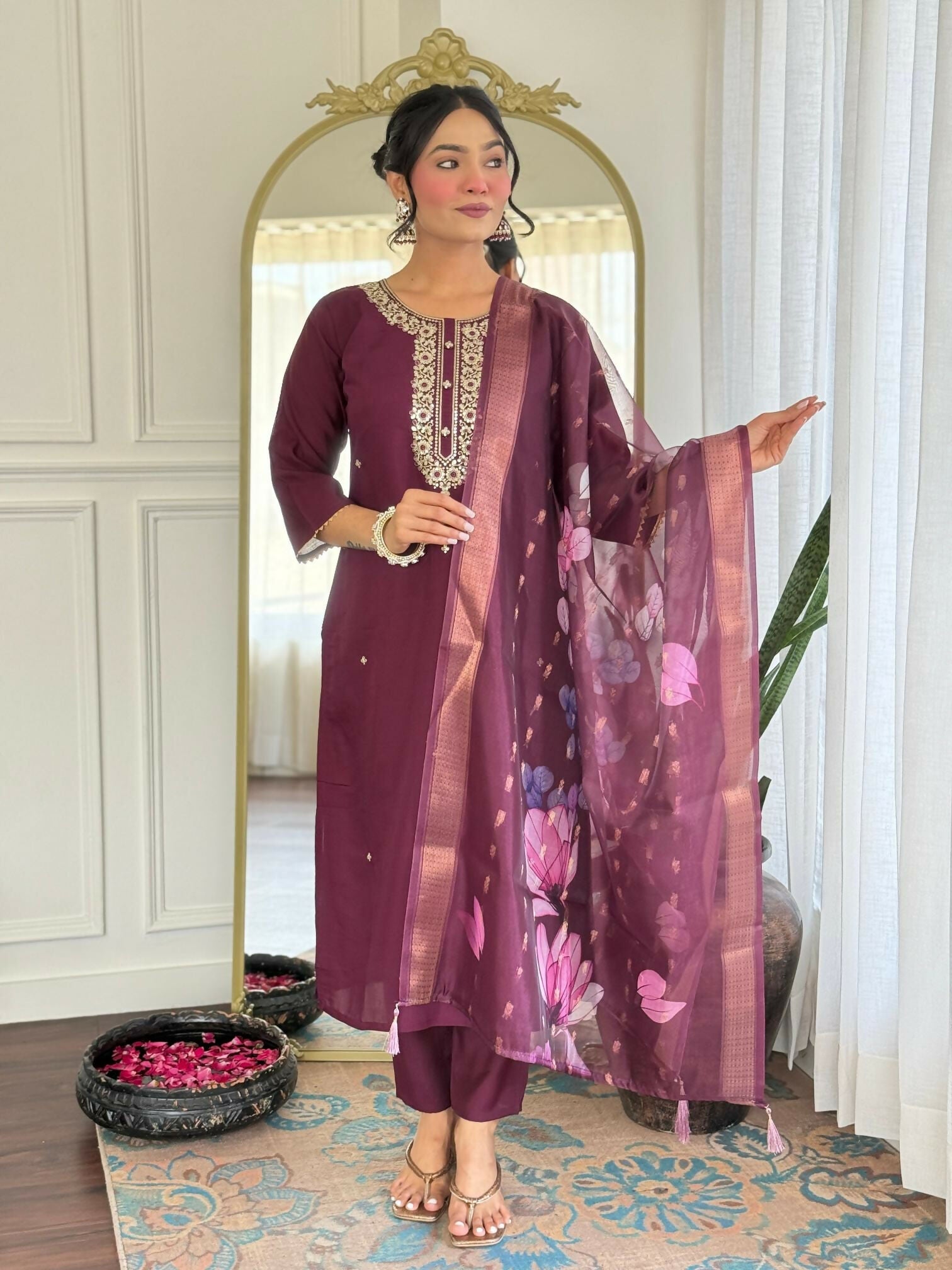 The52 Wine Women's Gorgeous Rayon Fabric Embroidered Work Straight Kurta Pant and Dupatta Set - Swadesiicart
