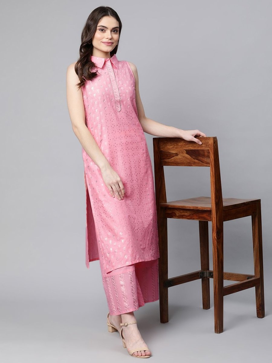 Ahalyaa Women Light Pink Colour Pure Cotton Printed Kurta Palazzo Set | Swadesiicart