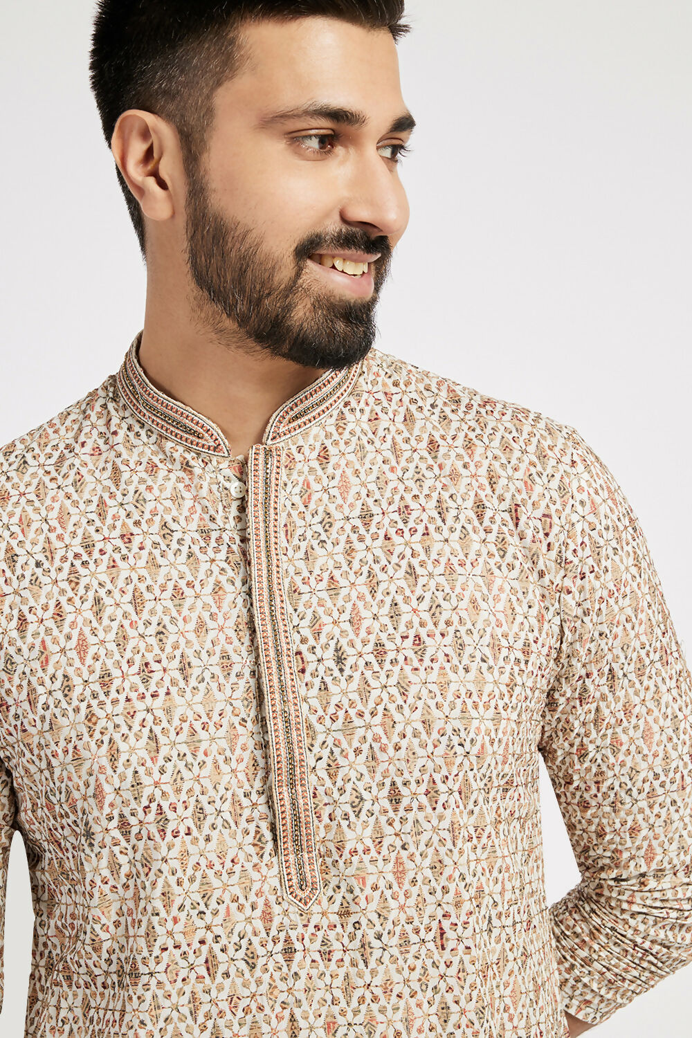 Ethnic India Beige Men's Kurta Embellished Viscose Rayon | Swadesiicart