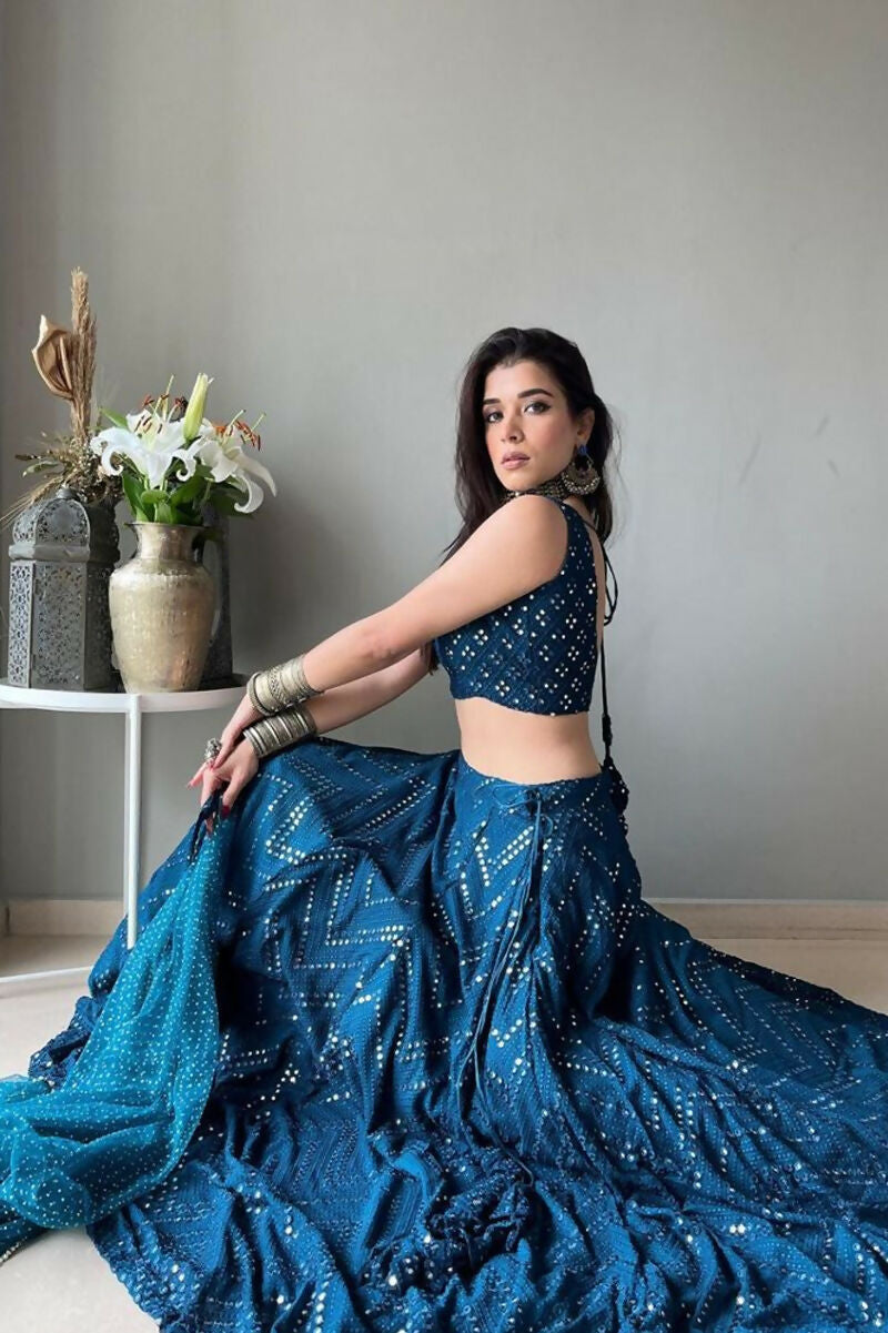 Jyoti Fashion Blue Thread Embroidery Georgette Designer Lehenga Choli with Dupatta | Swadesiicart