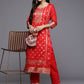 Ahalyaa Women Red Ethnic Motifs Kurta with Trousers | Swadesiicart