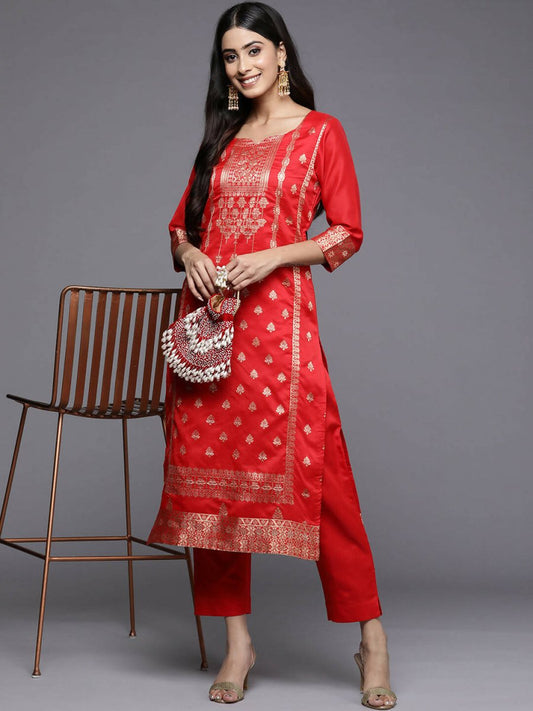 Ahalyaa Women Red Ethnic Motifs Kurta with Trousers | Swadesiicart