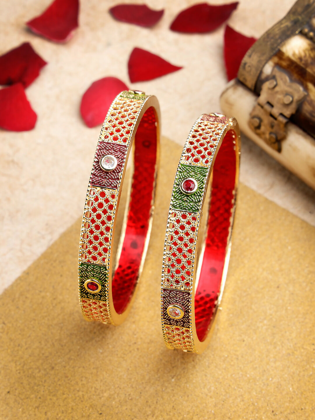 NVR Women's Set Of 2 Gold-Polished Red Kundan Traditional Bangles - Swadesiicart