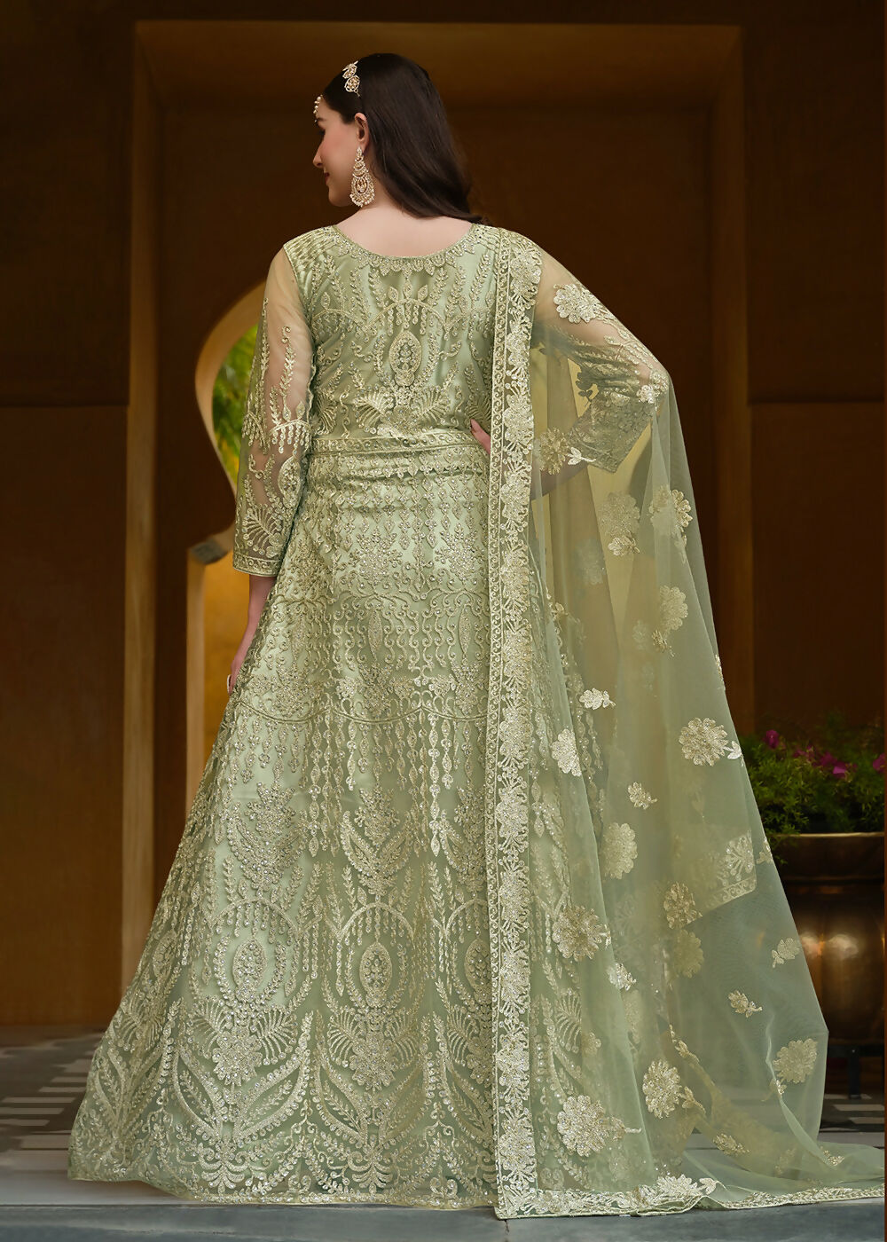 Pista Green Pure Butterfly Net Wedding Wear Anarkali Suit - Emponline | Swadesiicart