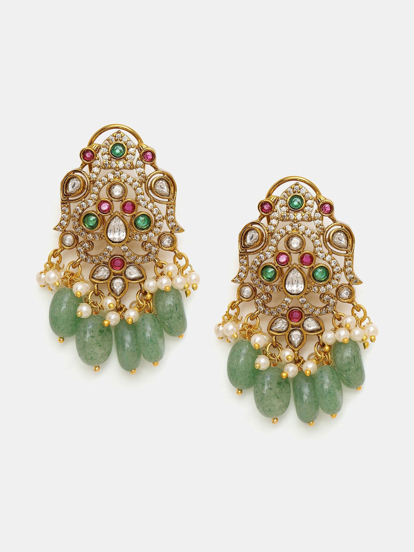 Ruby Raang 22k Gold Polished Long Kundan Heavy Maharani Necklace With Earrings | Swadesiicart