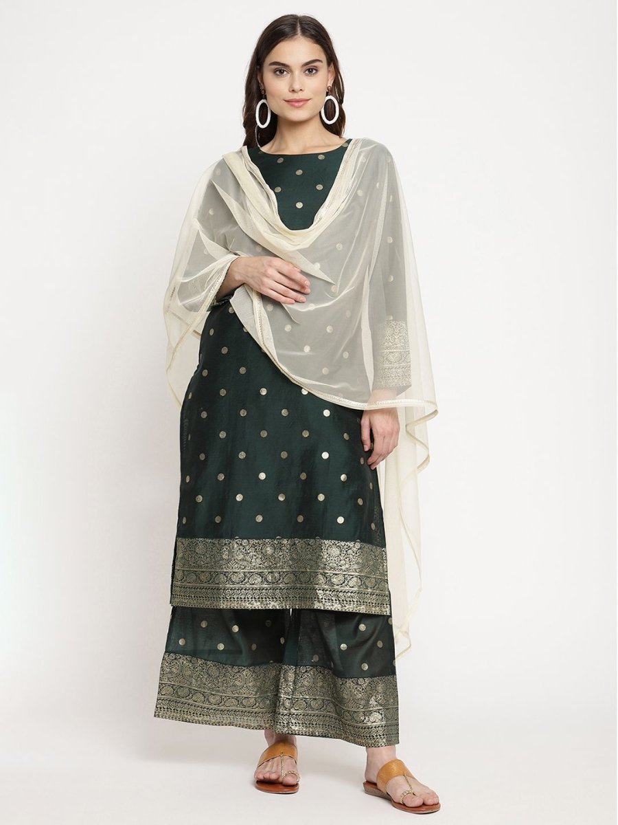 Ahalyaa Dark Green Gold Print Kurta Palazzo Set With Dupatta | Swadesiicart