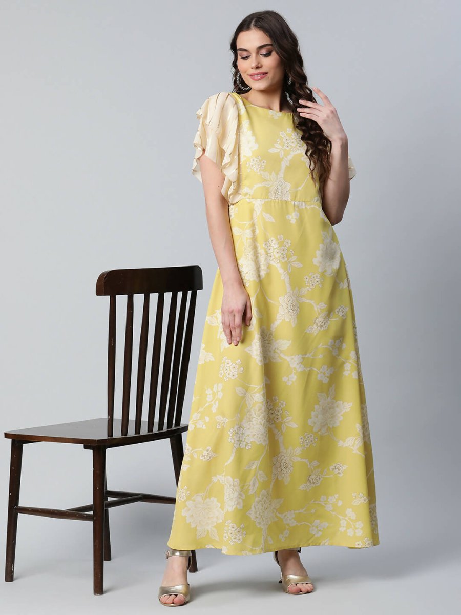 Ahalyaa Womens Lemon Yellow Crepe Floral Dress | Swadesiicart