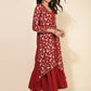 Janasya Women's Red Georgette Foil Printed Festive Flared Dress Set | Swadesiicart
