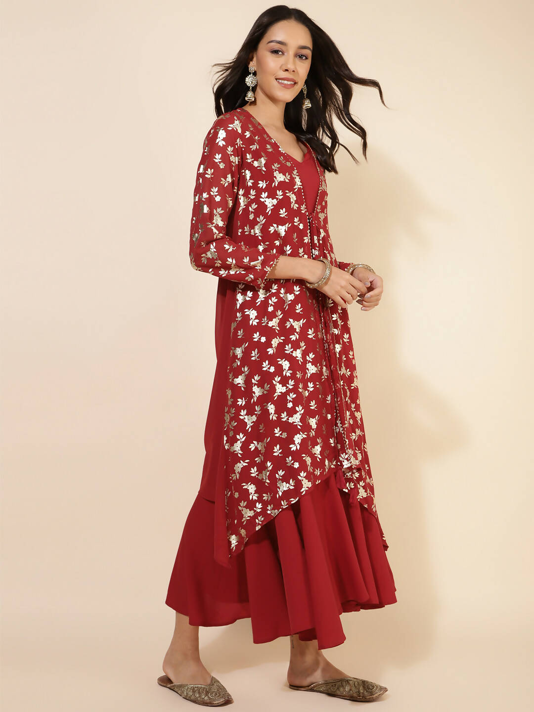 Janasya Women's Red Georgette Foil Printed Festive Flared Dress Set | Swadesiicart