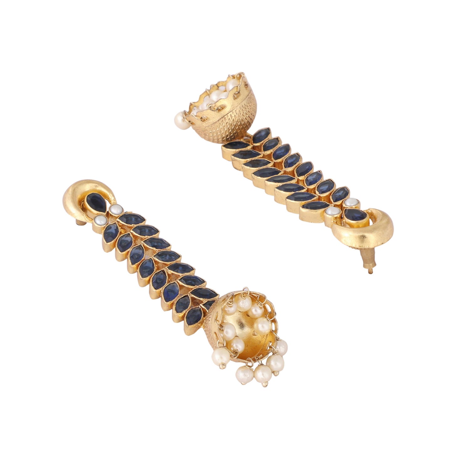 Nuyug 22K Gold-Plated Blue Onyx & Pearl Studded Dome Shaped Jhumkas | Swadesiicart
