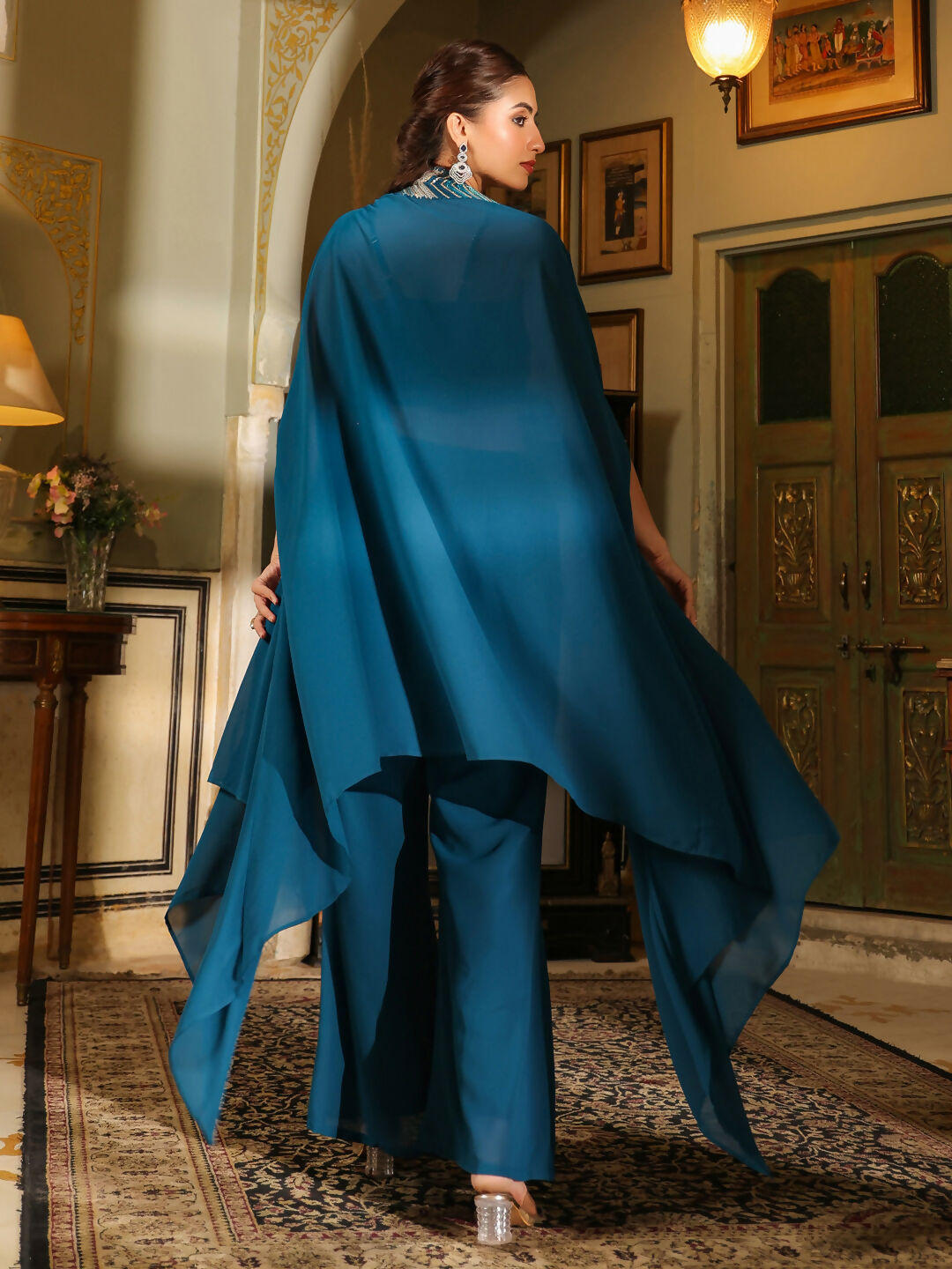 Janasya Teal Blue Georgette Embroidered Top Bottom Cape | Swadesiicart