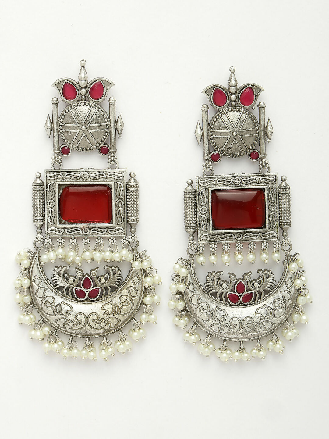 NVR Women's Silver-Plated Artificial Stones and Beads Chandbali Earrings | Swadesiicart