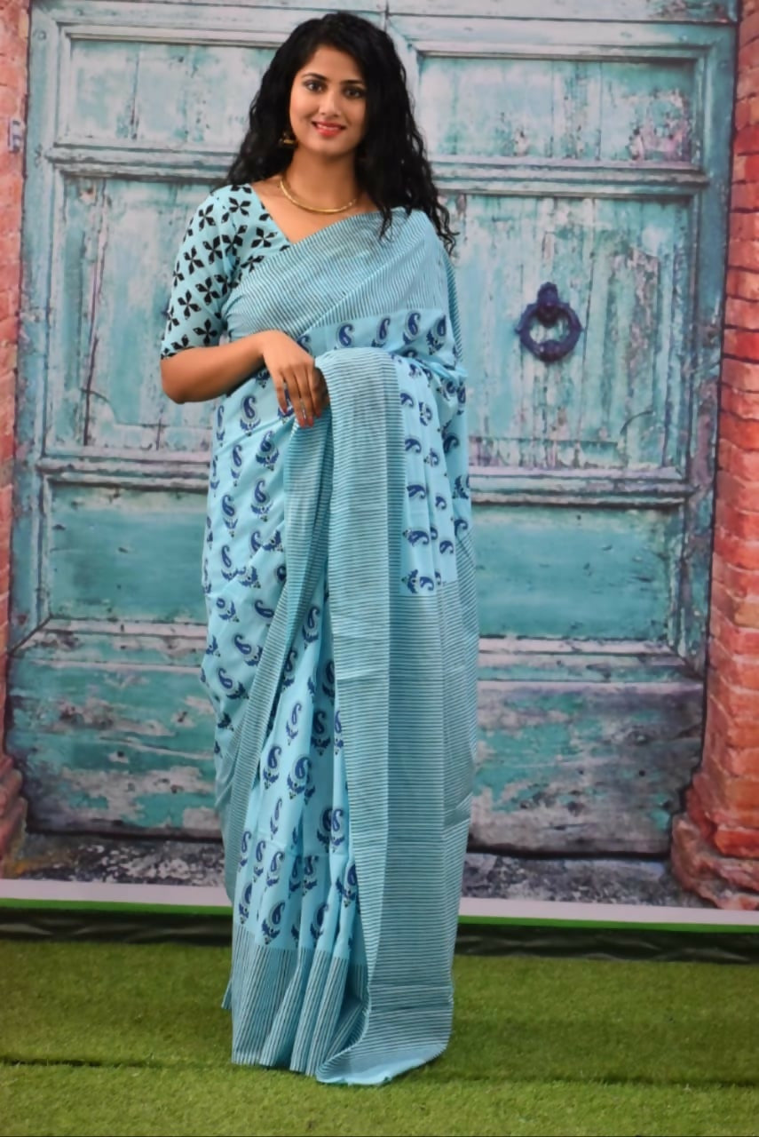 Exclusive Collection Skyblue Beautiful Mulmul Cotton Saree - Swadesiicart